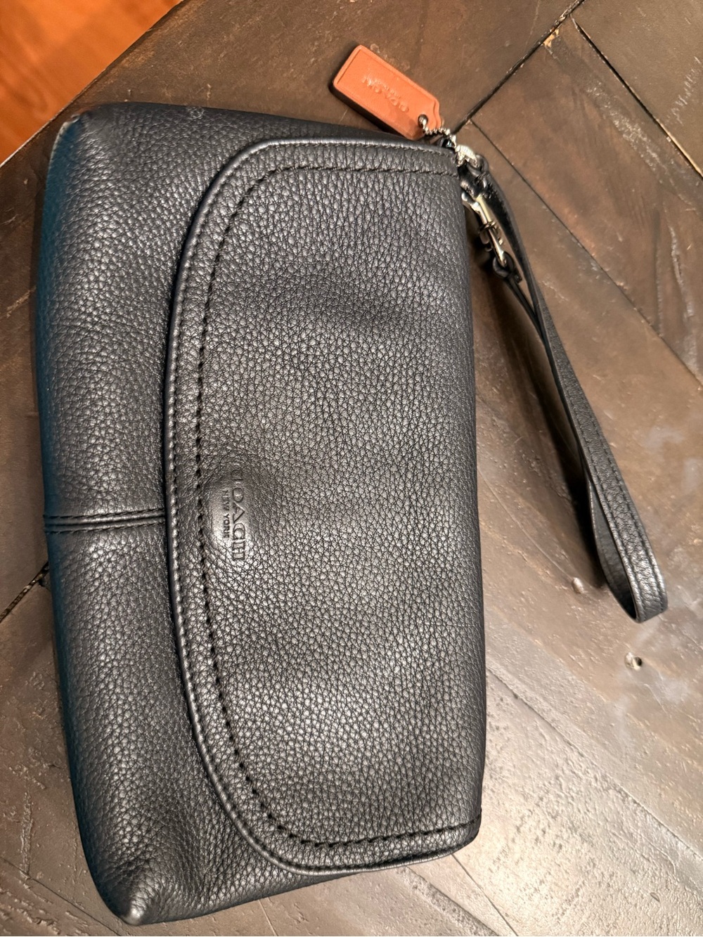 Coach Black Pebbled Leather Wristlet with Tan Tag